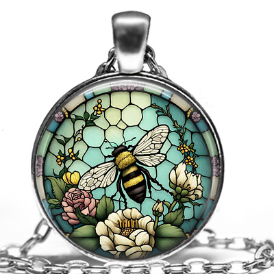 #ad Faux Stained Glass Honey Bee Bumblebee Handmade Gift Necklace 24quot; Save The Bees $14.95