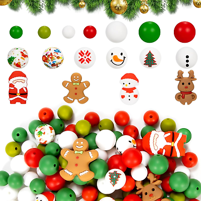 #ad 120Pcs Christmas Silicone Beads 12Mm 15Mm Ornament Loose Beads Bulk with Rope r $24.11