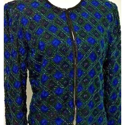 #ad Laurence Kazar New York Beaded Evening Jacket L Blue $31.92