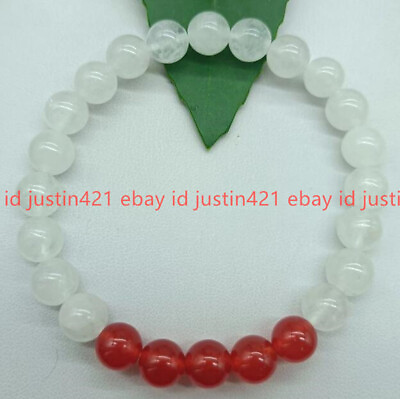 #ad Charming 8mm White Jade amp; Red Jade Round Beads Stretch Bracelet 7.5 inch $2.99