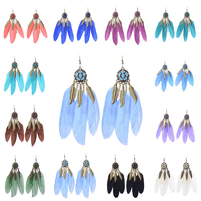 #ad Vintage Bohemian Boho Chain Leaves Feather Crystal Colorful Resin Women Earrings C $2.79