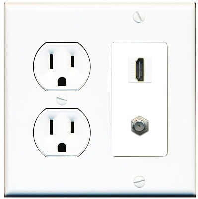 #ad 2 GANG 15 Amp Round Power Outlet HDMI Coax Combination Wall Plate White $15.66