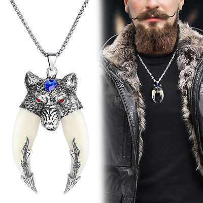 #ad Men#x27;s Stainless Steel Oversized Wolf Head Tooth Pendant Necklace 27quot; Chain Women $8.48