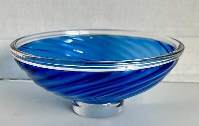 #ad Young amp; Constantin Hand Blown Art Glass Blue Swirl Bowl Clear Foot amp; Rim Signed $74.99