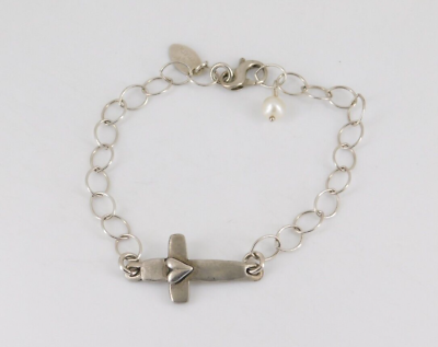 #ad Lisa Leonard 925 Sterling Silver Cross Pearl Bracelet 8 1 8quot; Long Adjustable $19.99