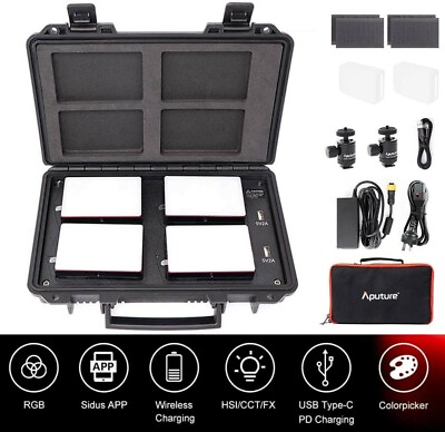 #ad Aputure MC 4 Light Travel Kit Portable RGB LED Light 3200 6500K Charging Case $479.00