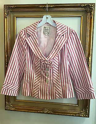 #ad Nanette Lepore Blazer Jacket Lined Cotton Blend Pink Stripes Bow So Cute Size 2 $17.77