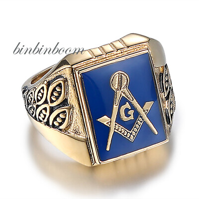 #ad Vintage Men#x27;s Masonic Enamel Signet Ring Stainless Steel Gold Blue Size 8 15 $13.96