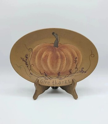 #ad Donna White Give Thanks Pumpkin Fall Wood Decor Plate 11quot; X 7.25quot; Plate Only $12.94