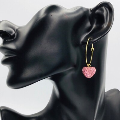 #ad Earrings Hoops Rhinestone Pink Heart Gold Plated Valentine Day Cute Bling Gift $8.95