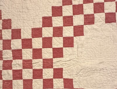 #ad Vintage Cutter Quilt Piece 18” x 23” Nice Quilting Red Cream Worn amp; Tattered #3 $29.96