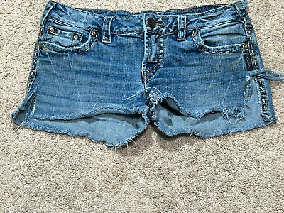 #ad Silver Womens Juniors Shorts Size 28 Blue Denim Distressed Cutoffs Casual $14.99