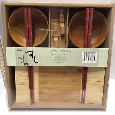 #ad 100% Natural Bamboo Sushi Gift zoiechloe Set Service For 2 Plate Bowl Chop Stix $21.95
