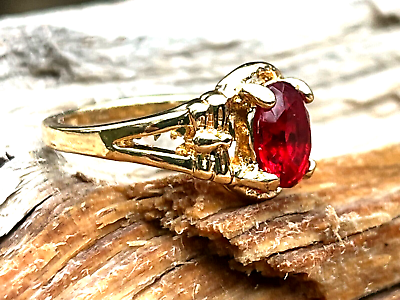 #ad Red Zircon Oval Crystal Gold Plated Steel Band Prong Set Gemstone Ring 6.25 $11.99