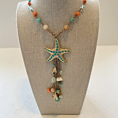 #ad SEA STAR STARFISH Dangle Charm Tassel Necklace Long 34quot; Mermaid Blue Coral Gold $14.00