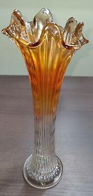 #ad VTG Ribbed Swung Vase Diamond Point Iridescent Marigold Ombre Unmarked $29.99