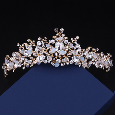 #ad 7cm Tall Gold Sparking Crystal Beads Peal White Wedding Queen Pageant Prom Tiara $15.00