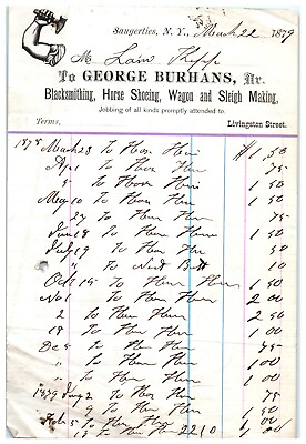 #ad 1879 Blacksmithing Horse Shoeing George Burnhams of Saugerties NY Billhead UU $16.00