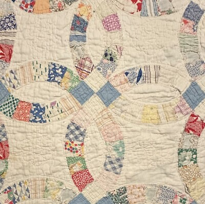 #ad Vintage Cutter Quilt Piece 20” x 21” Double Wedding Ring Pattern Feed Sack #1 $26.21