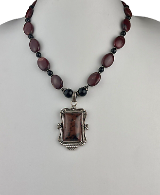 #ad Southwest Style Stone Necklace Onyx Jasper? Sterling Silver Pendant 17quot; 18quot; $39.99