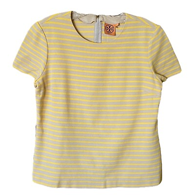#ad TORY BURCH 100% Cotton Yellow Khaki Stripe Short Sleeve Knit Top sz L $24.99