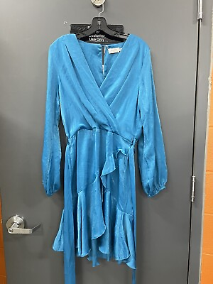#ad NWT Flounce Women Aqua Blue London Plus Satin Mini Wrap Dress W Tie Sz 14 $17.60