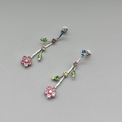 #ad Earrings Boho Pink Crystal Flowers Silver Tone Vine Leaf Dangles 2 Inch Drop $9.99