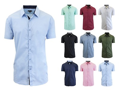#ad Mens Short Sleeve Dress Button Down Causal Shirt Fancy Solid Slim Fit S 5XL $14.97