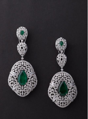#ad 15 Ct Pear Simulated Diamond Emerald Drop Dangle Earrings 925 silver Gold plated $299.04