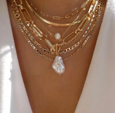 #ad Women#x27;s Fashion Bohemian Jewelry Gold Multilayered Link Pearl Necklace 294 32 $11.66
