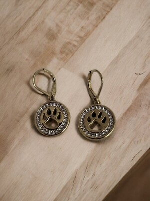 #ad Goldtone Cutout Dog Paw Earrings Dangle Pierced With Clear Rhinestones $12.99