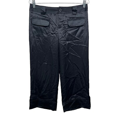 #ad Nanette Lepore Satin Crop Pants Mid Rise Straight Flap Pockets Zip Black Size 6 $41.08