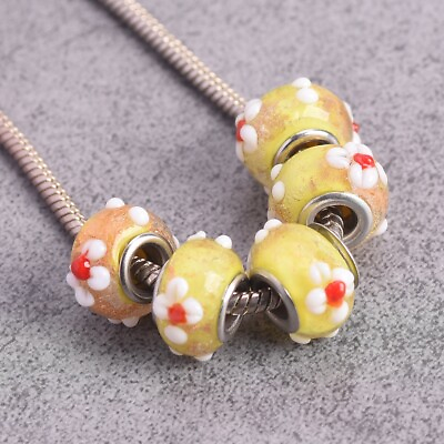 #ad 5pcs Yellow 14mm Flower Lampwork Glass European Charm Loose Big Hole Beads $3.30