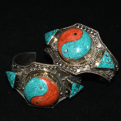 #ad Old Tibetan Handmade Yin Yang Natural Turquoise Bracelet in Good Condition $80.00