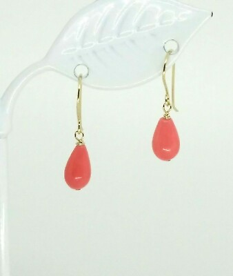 #ad 14k Yellow Gold Pink Coral Teardrop Drop Dangle Earrings $54.45