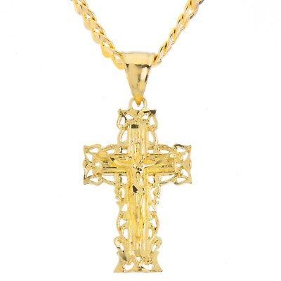 #ad Hip Hop Cross Jesus Pendant Solid Gold Plated 20quot; Cuban Chain Necklace MPG 107 G $11.99