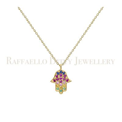 #ad 14k White or Yellow Gold Hamsa Hand Pendant Necklace Sapphire Round Gemstones $351.22
