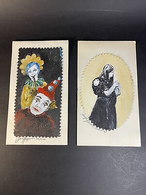 #ad 2 Small Oil Or Acrylic Paintings On Canvas signed 4.5” amp; 5.5” Clown Lady $25.50