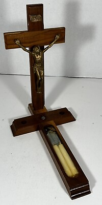 #ad Vintage Last Rights Crucifix Sick Call Cross Candles Glass Holy Water Altar 12quot; $24.97