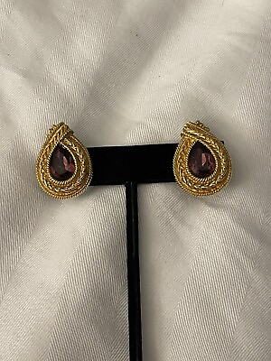 #ad Swarovski Gold Plated Purple Crystal Teardrop Post Earrings Signed Used $24.99