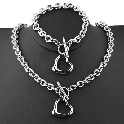 #ad 8mm Womens Necklace Bracelet Set Lovely Heart Stainless Steel Jewelry Set $11.29