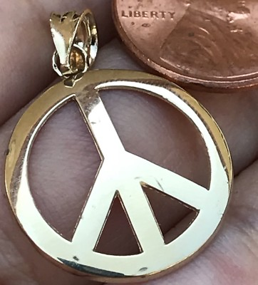 #ad GOLd peace sign symbol pendant 14k Round solid Charm necklace gift him her 1quot; $137.98