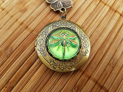 #ad Peridot Dragonfly Locket Czech glass button bronze round photo vintage AU $30.00