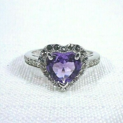 #ad 2.10ct Natural Heart Purple AmethystWhite Topaz Sterling Silver Ring 79 AU $98.00