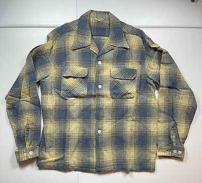 #ad VINTAGE Pilgrim Sportswear Flannel Men’s L Blue Plaid Button Shirt Workwear 50s $99.95