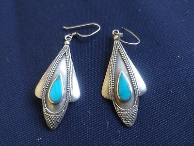 #ad Vintage Sterling Silver and Turquoise teardrop drop dangle Hook earrings 9.4g $26.10